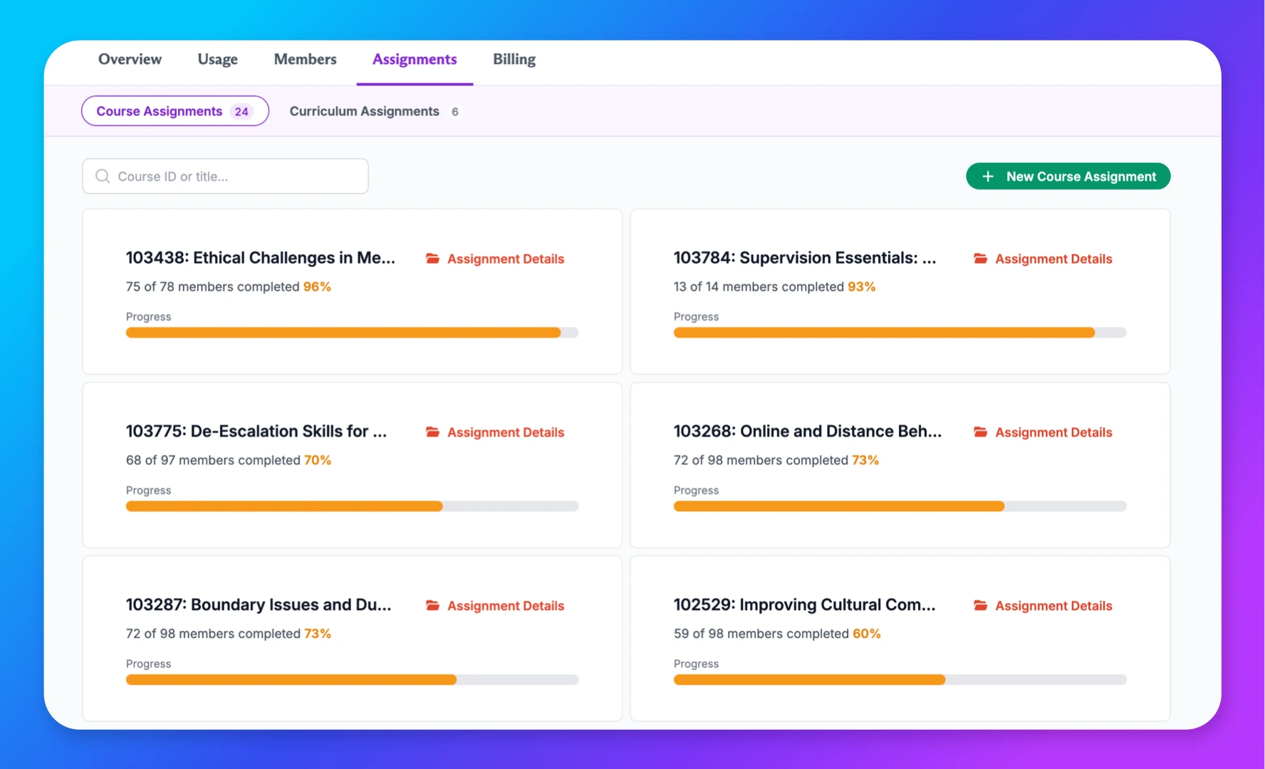 The Assign Courses & Curricula page of the team dashboard