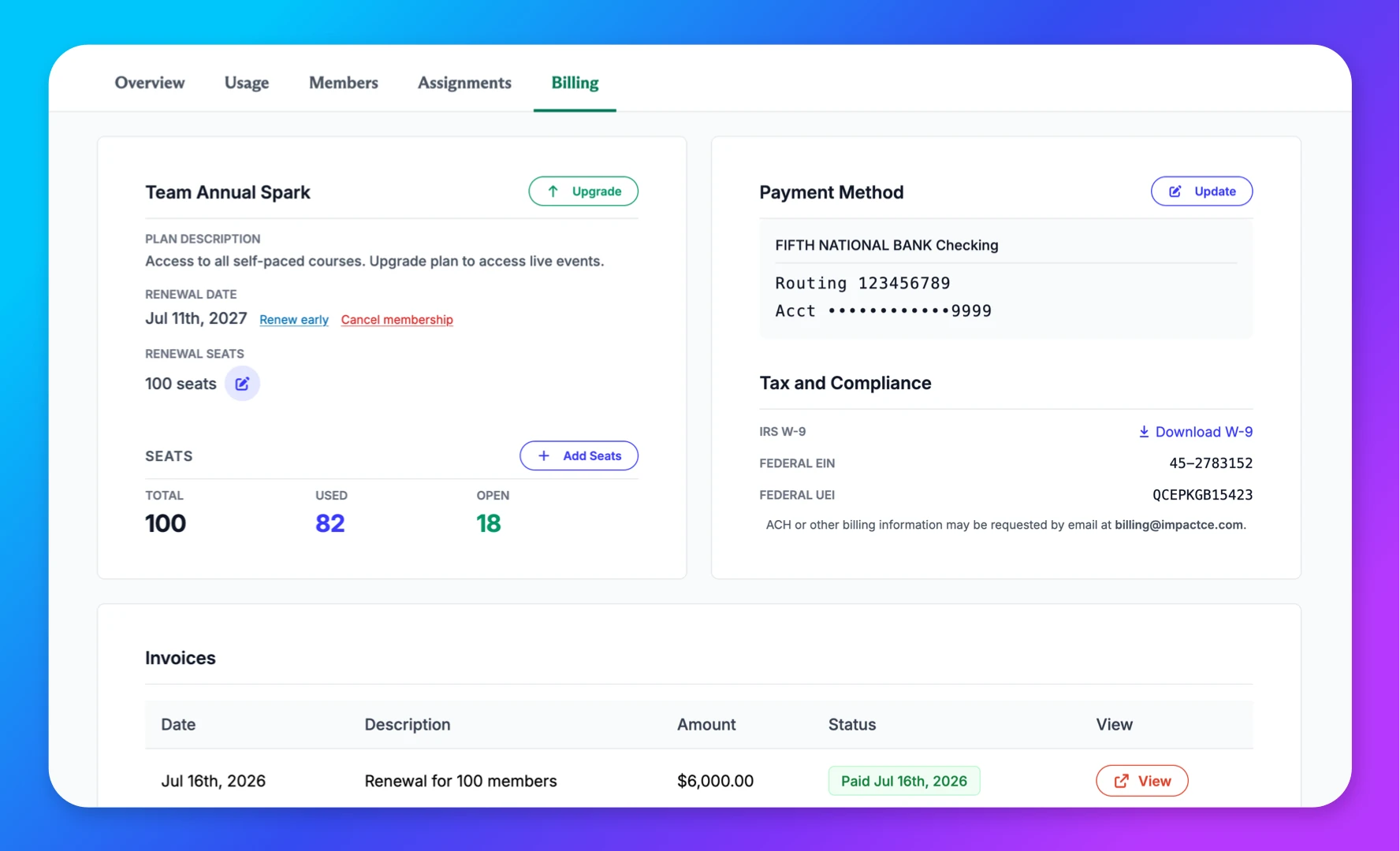 The Billing page of the team dashboard