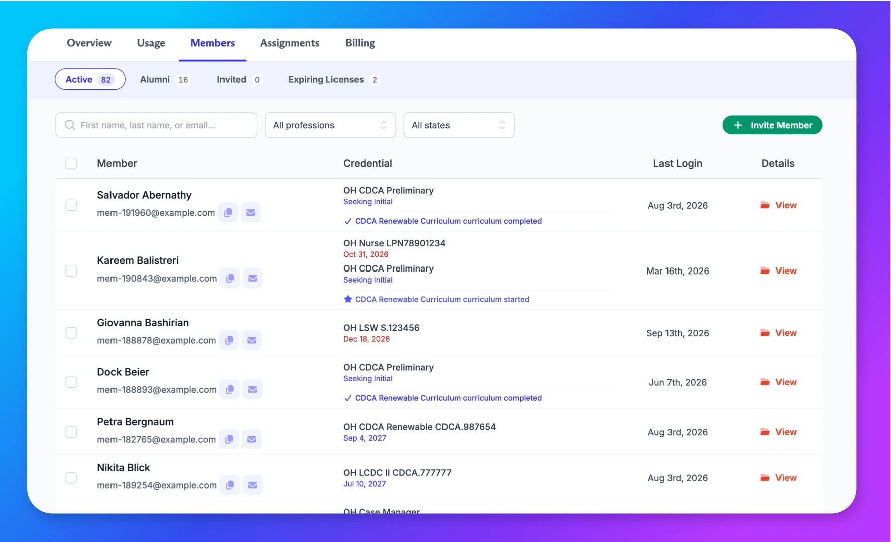The Team Members page of the team dashboard