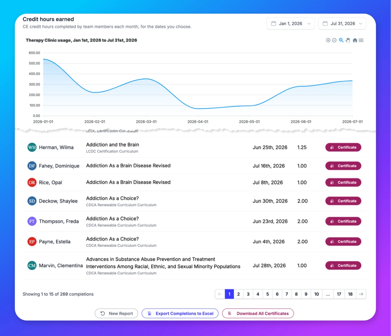 The Usage page of the team dashboard